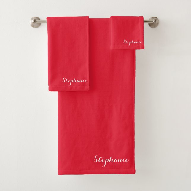 Red Name Modern Elegant Monogram Boho Bath Towel Set (Insitu)