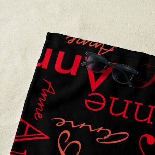 Red Names Pattern Printed All Over Black Stylish Beach Towel