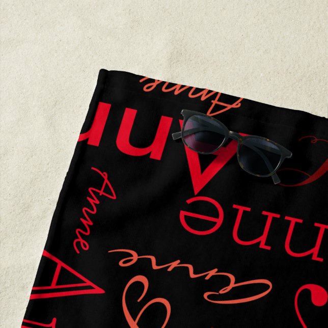 Red Names Pattern Printed All Over Black Stylish Beach Towel (In Situ)