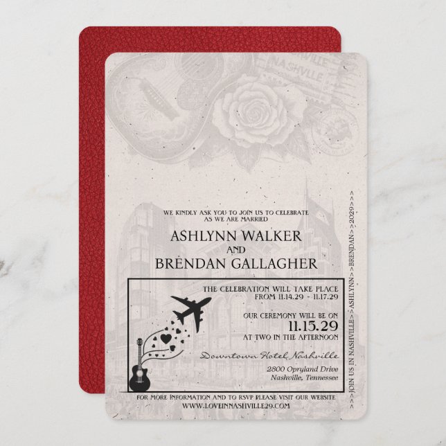 Red Nashville Passport Wedding Invitation (Front/Back)