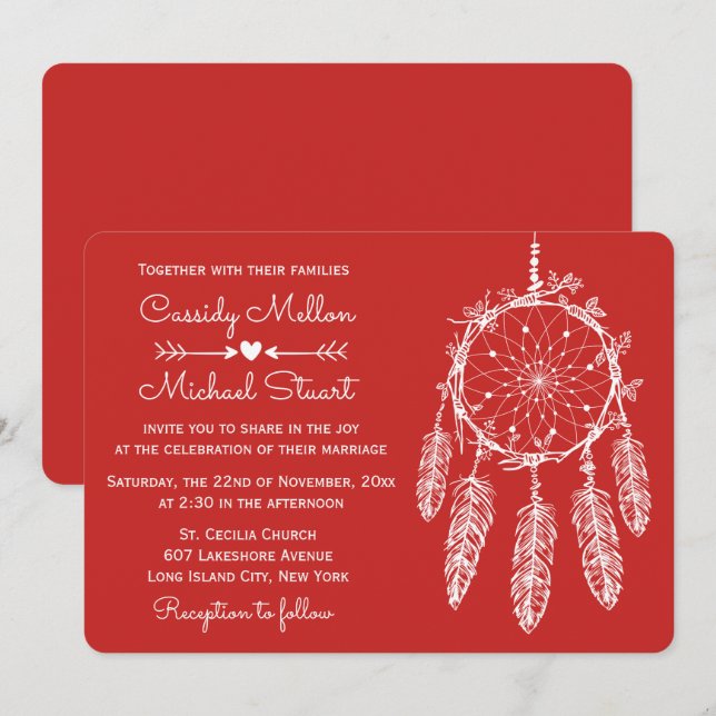 Red Native American Dream Catcher Boho Wedding Invitation (Front/Back)