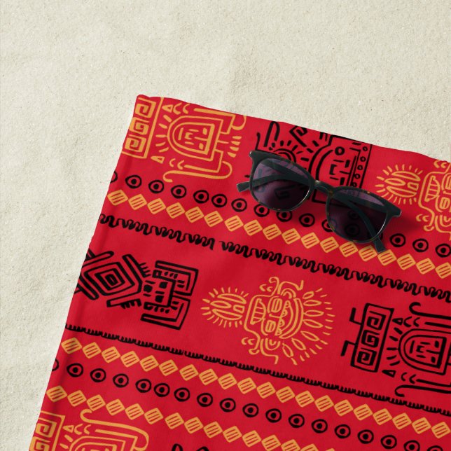 Red Native Pattern Ethnic Tribe Boho Culture Beach Towel (In Situ)
