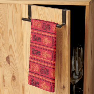 Red Native Pattern Ethnic Tribe Boho Culture Tea Towel