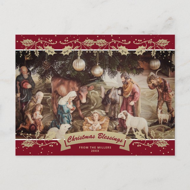 Red Nativity Scene Christian Christmas Photo Holiday Postcard (Front)