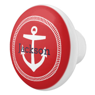 Red Nautical Anchor Monogram Ceramic Knob