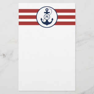 Red Nautical Anchor Monogram Stationery