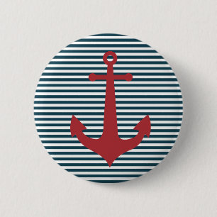 Red nautical anchor on striped blue background 6 cm round badge
