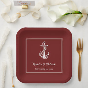 Red Nautical Anchor Wedding Paper Plates