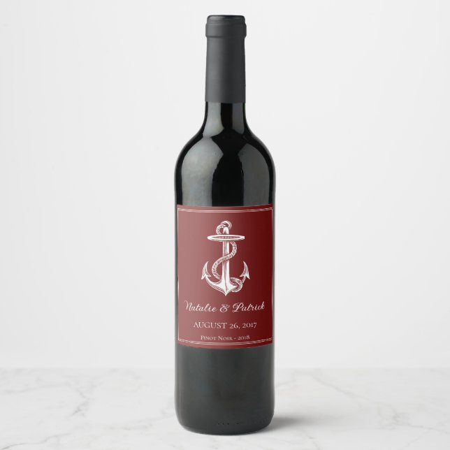 Red Nautical Anchor Wedding Wine Label (Front)