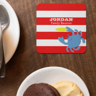 Red Nautical Blue Crab Personalised Square Paper Coaster