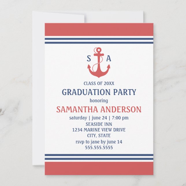 Red Nautical Graduation Party Invites (Front)