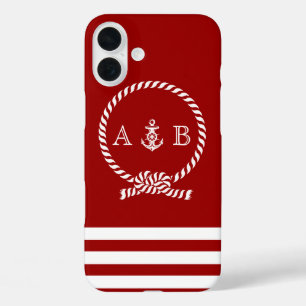 Red Nautical Rope and Anchor Monogrammed iPhone 16 Plus Case