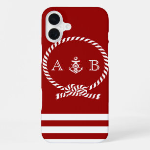 Red Nautical Rope and Anchor Monogrammed iPhone 16 Plus Case