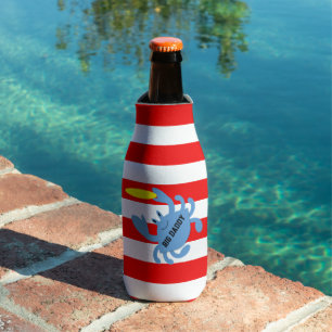 Red Nautical Stripe Frisbee Crab Personalised Bottle Cooler