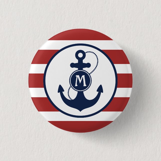 Red Nautical Stripes with Anchor Monogram 3 Cm Round Badge (Front)