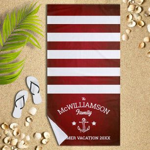 Red Nautical Theme Family Name Beach Towel