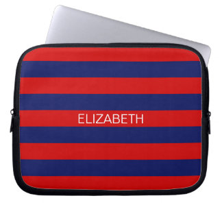 Red Navy 5c Horizontal Preppy Stripe Name Monogram Laptop Sleeve