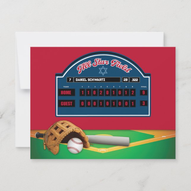 Red, Navy Baseball Bar Mitzvah Reception Card (Front)