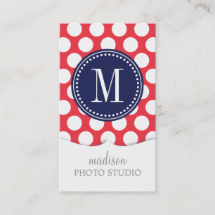 Red & Navy Big Polka Dots Monogrammed Business Card