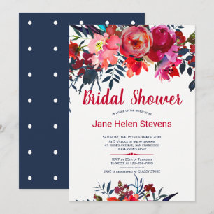 Red navy blue bohemian floral bridal shower invitation