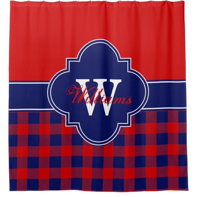 Red Navy Blue Buffalo Plaid 1ICBR Monogram Shower Curtain (Front)