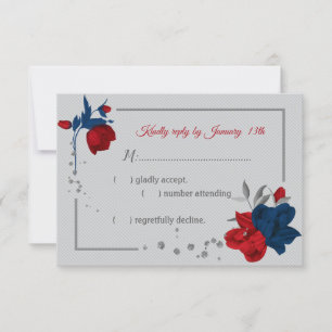 red & navy blue flowers botanical grey RSVP card