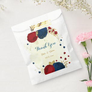 red & navy blue flowers gold leaves favour bags
