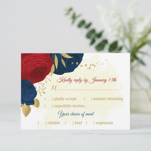 red & navy blue flowers gold leaves meal choice RSVP card (Standing Front)