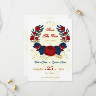 red & navy blue flowers gold leaves save the date