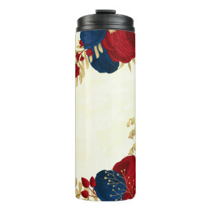 red & navy blue flowers gold leaves  thermal tumbler