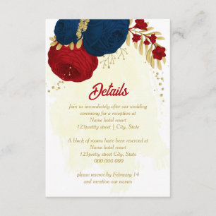 red & navy blue flowers gold leaves wedding enclos enclosure card