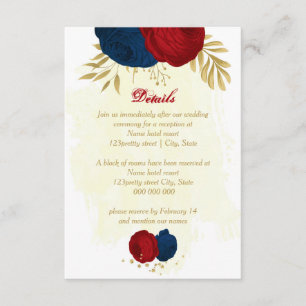 red & navy blue flowers gold leaves wedding enclosure card