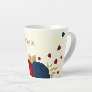 red & navy blue flowers gold leaves wedding latte mug