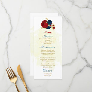 red & navy blue flowers gold leaves wedding menu