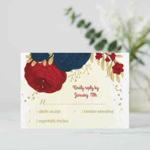 red & navy blue flowers gold leaves wedding RSVP card