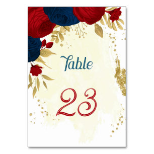red & navy blue flowers gold leaves wedding table number