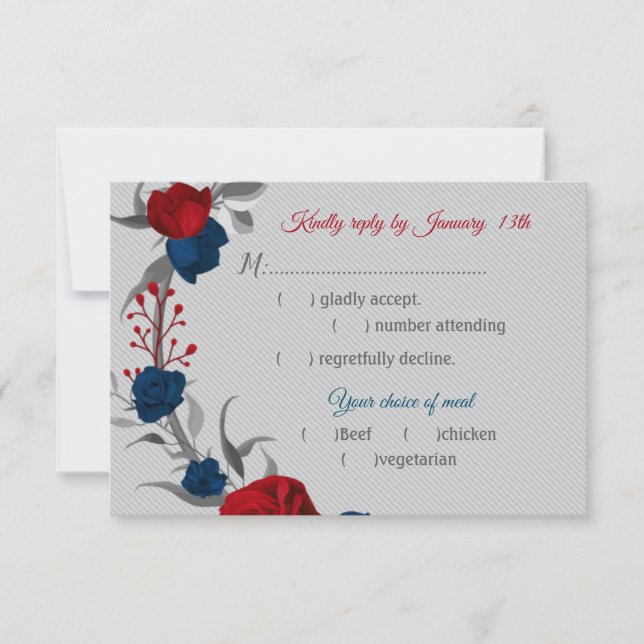 red & navy blue flowers meal choice botanical grey RSVP card (Front)