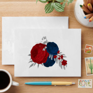 red & navy blue flowers silver botanical  envelope