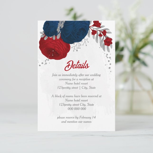 red & navy blue flowers silver botanical wedding enclosure card (Standing Front)