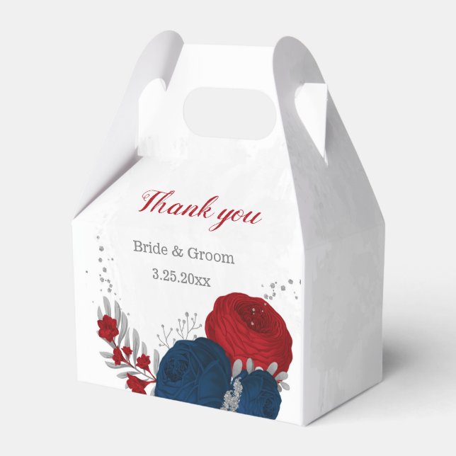 red & navy blue flowers silver botanical wedding favour box (Front Side)