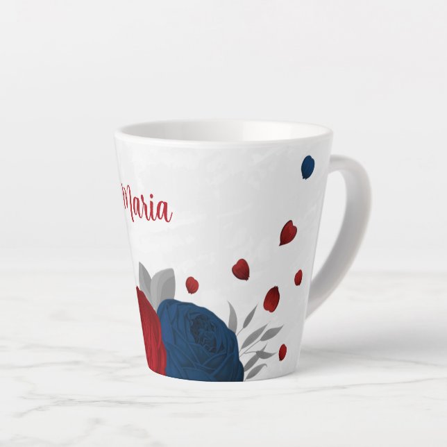 red & navy blue flowers silver botanical wedding latte mug (Right Angle)