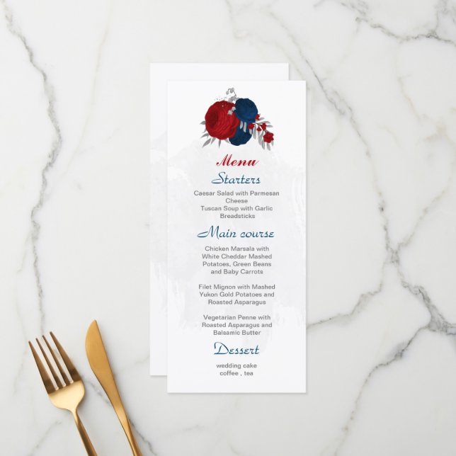 red & navy blue flowers silver botanical wedding menu (Front/Back In Situ)