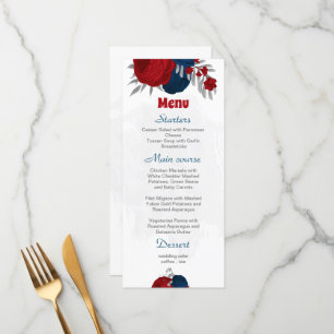 red & navy blue flowers silver botanical wedding  menu
