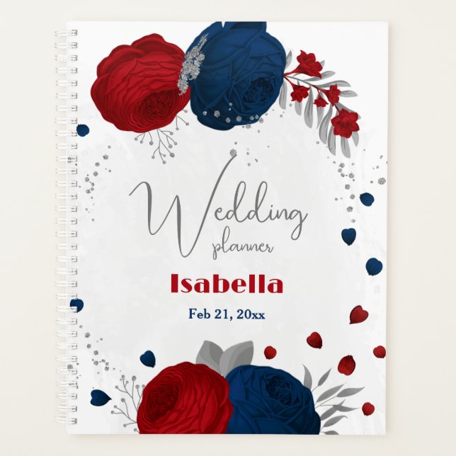 red & navy blue flowers silver botanical wedding planner (Front)