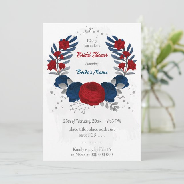 red & navy blue flowers silver bridal shower invitation (Standing Front)