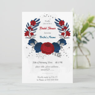 red & navy blue flowers silver bridal shower invitation