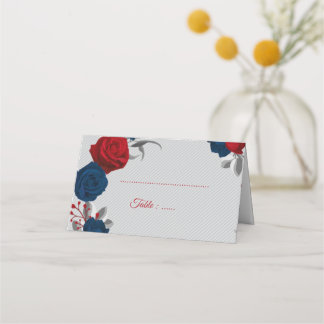 red & navy blue flowers silver leaves grey place card