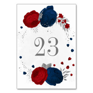 red & navy blue flowers silver leaves wedding table number