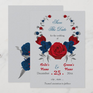 red & navy blue flowers wreath save the date invitation