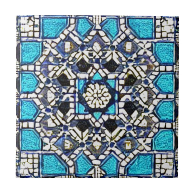 Red navy blue geometric art moroccan mosaic design tile (Front)